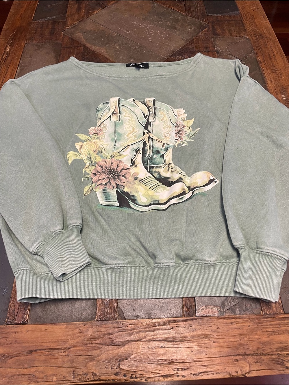 Sage Green Graphic Crewneck Sweatshirt with Floral Cowboy Boots